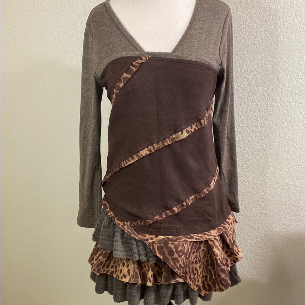Brown and Gray Layered Dress with Animal Print - Picture 1 of 7